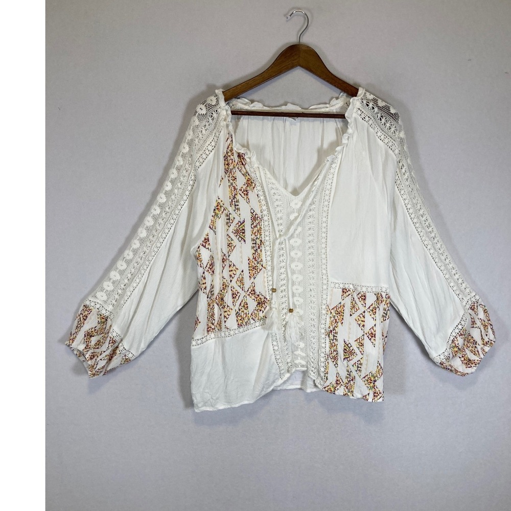 Boho Festival Soleillee Womens XXL White‎ Embroidered Crochet Lace Peasant Top